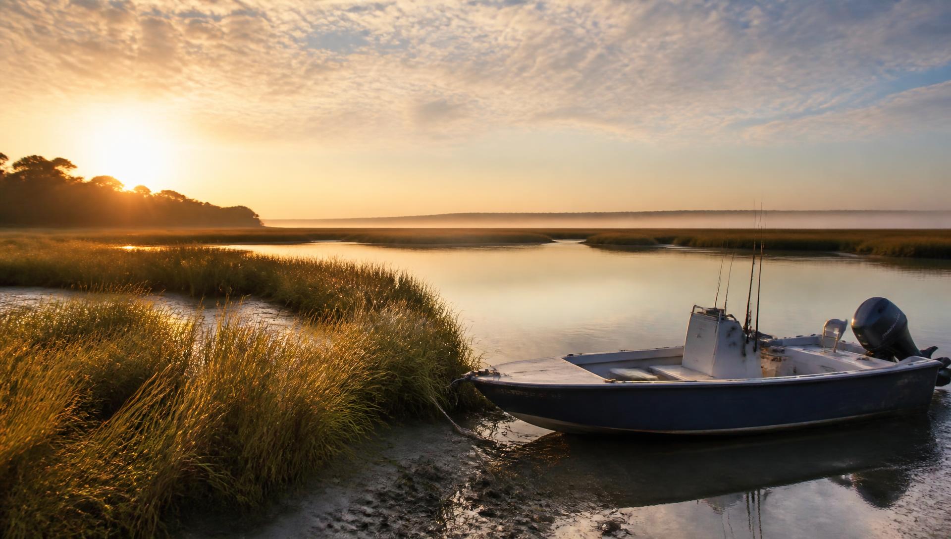 Sunrise over a Southern salt marsh with a fishing skiff at the bank