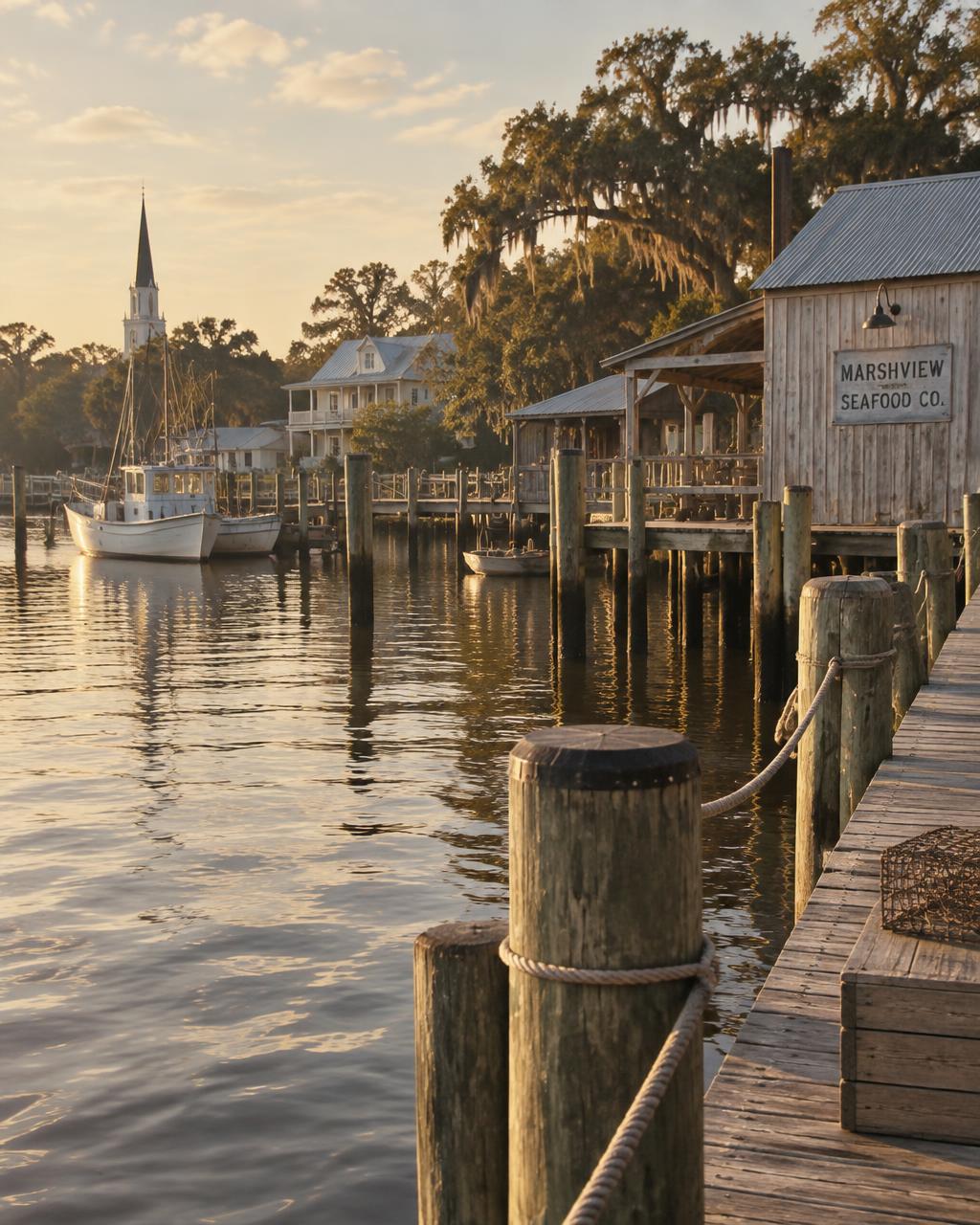 A weathered dock and seafood house on the water at golden hour